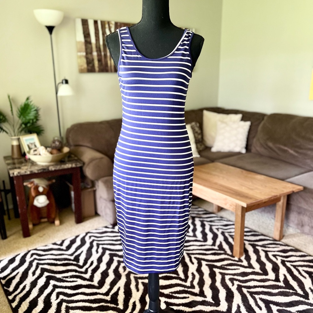 SHEIN Navy Blue and White Striped Tank Dress Medium